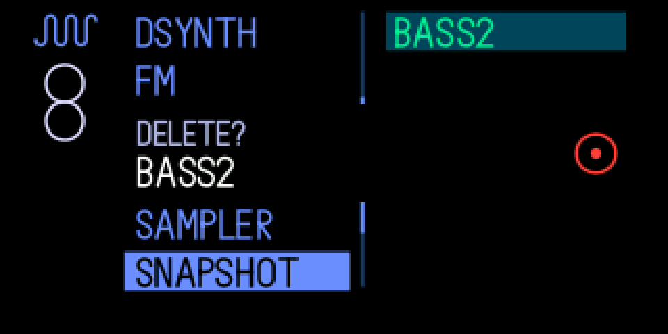 The sound browser with a band: DELETE? BASS2 and the orange knob