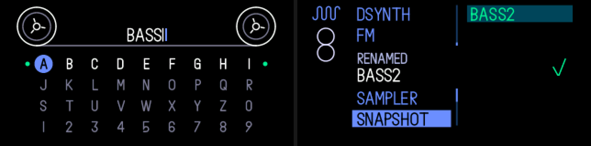 The naming screen with BASS1, then the browser saying RENAMED BASS2 with a green tick