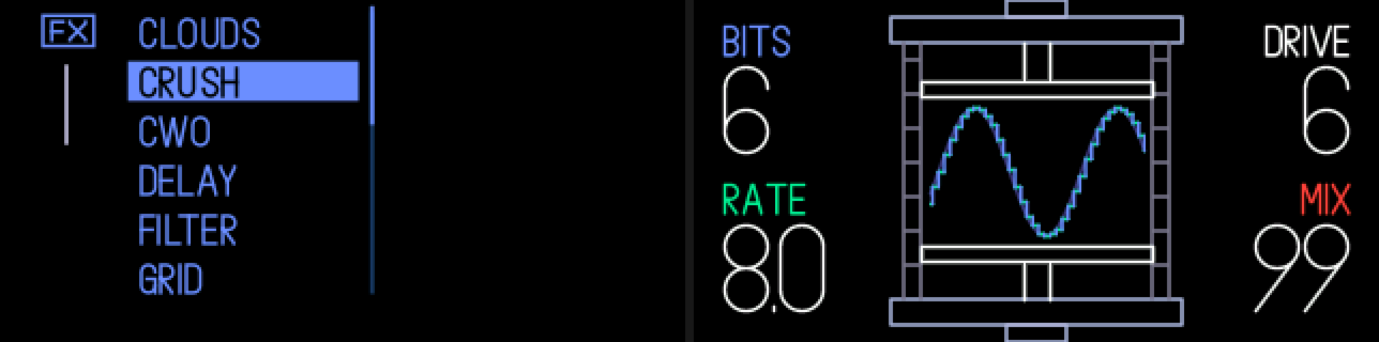 The effects list with CRUSH highlighted, then the crush screen