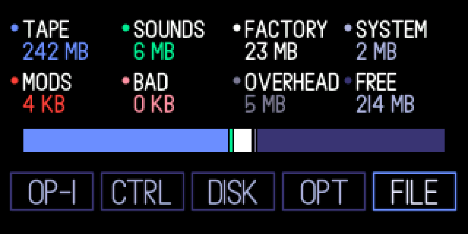 The FILE screen: sizes for tape, sounds, factory, system, mods, bad, overhead and free above a storage bar