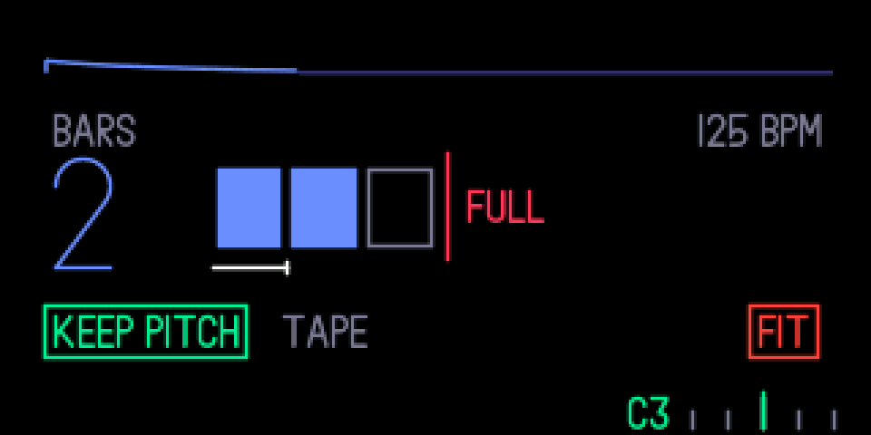 The fit panel: BARS 2, two cells filled, FULL, KEEP PITCH, TAPE and FIT, 125 BPM