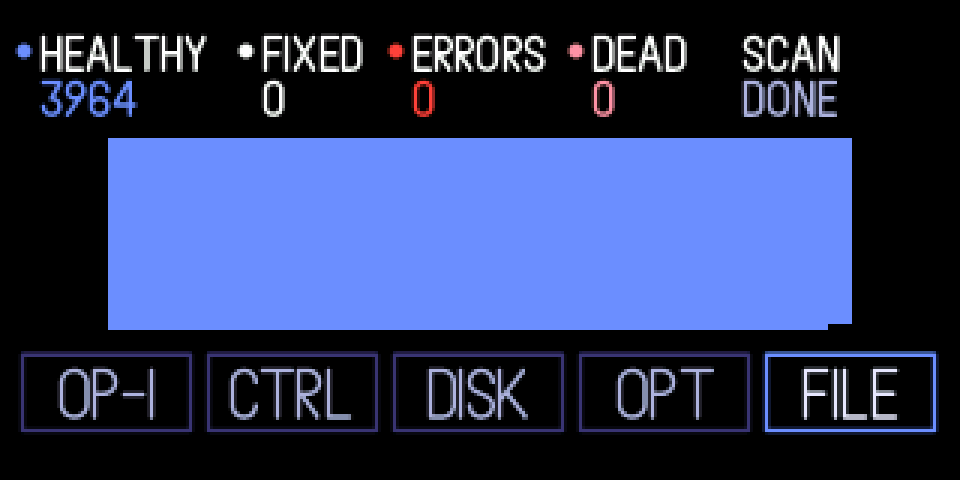 The flash check done: HEALTHY 3964, FIXED 0, ERRORS 0, DEAD 0 above a full map of blocks