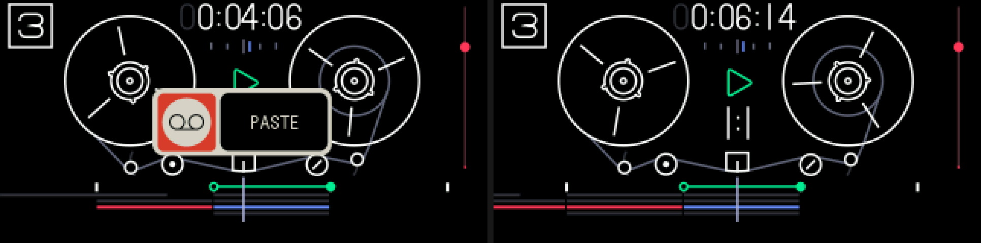 The PASTE popup, then the tape with the loop on its second copy
