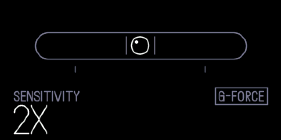 The sensitivity panel: a spirit level with its bubble, SENSITIVITY 2X and a G-FORCE tag