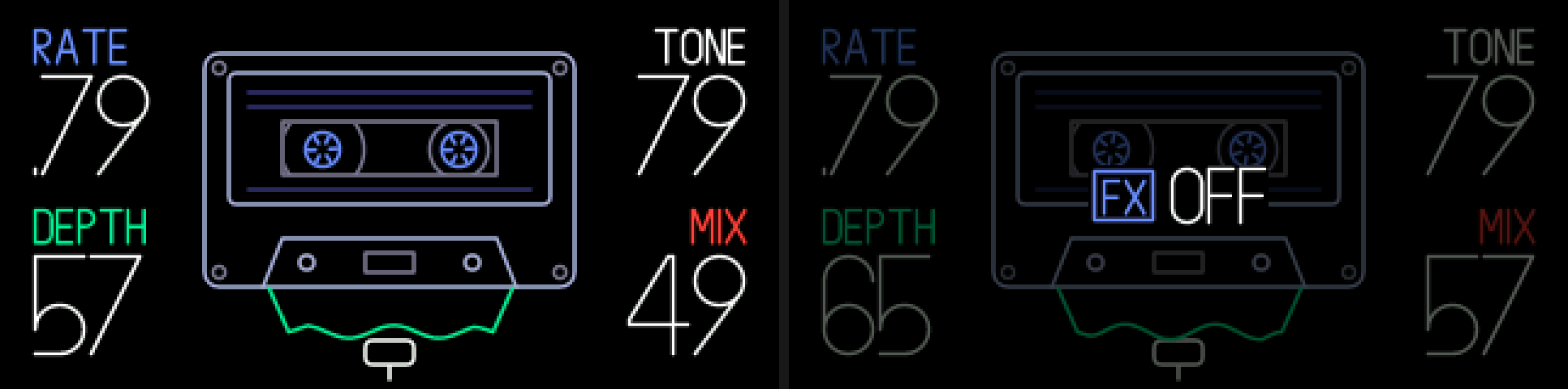 The warble screen, then the same screen dimmed with FX OFF