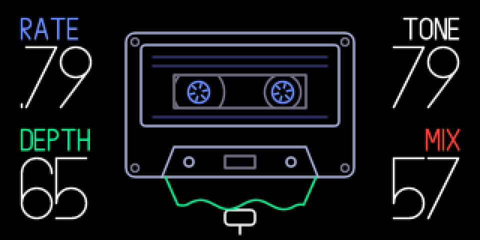 The warble screen: a cassette with its tape pulled out in a wave, RATE, DEPTH, TONE and MIX around it